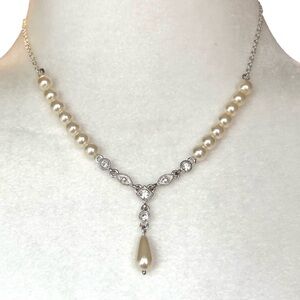Silver Tone Faux Pearl Necklace Tear Drop with Crystals Signed